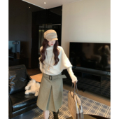 秋冬复古小众人字纹毛呢半身裙女显瘦A字短裙羊毛呢子中裙带腰带
