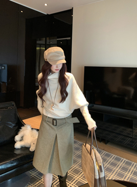 秋冬复古小众人字纹毛呢半身裙女显瘦A字短裙羊毛呢子中裙带腰带