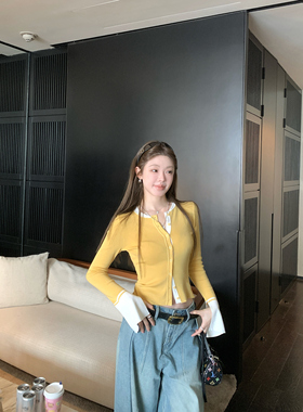 假两件奶黄色开衫针织衫薄款早秋2025撞色拼接设计感软糯外搭上衣