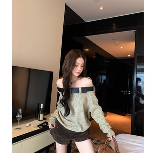 氛围秋冬 绿色宽松慵懒感一字肩毛衣女秋休闲百搭针织上衣带腰带