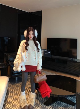 浪漫巴尔曼 新年红色爱心毛衣女冬季2025慵懒宽松长袖针织衫上衣