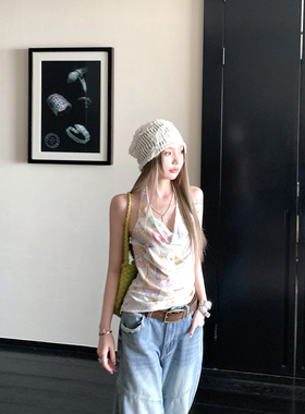 海星印花挂脖衬衫女夏季2025新款设计感小众荡领无袖辣妹上衣修身