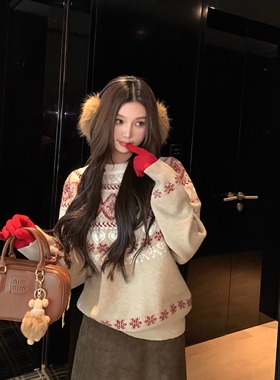 海岛落雪 新年复古费尔岛提花毛衣女冬2025新款加厚套头针织衫