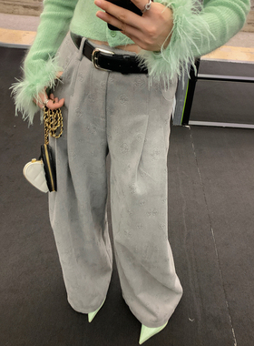 高级灰刺绣提花西装裤加厚女春2024高腰直筒阔腿裤宽松灰色拖地裤