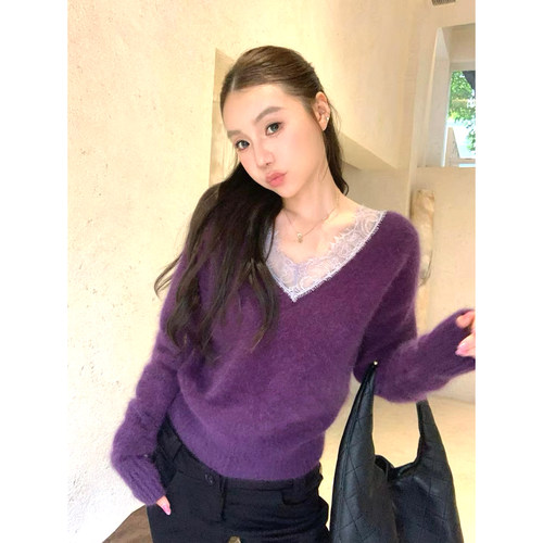 '香芋恋人'紫色蕾丝拼接水貂绒毛衣女秋修身显瘦时髦高级针织上衣