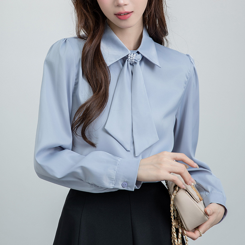 蓝色飘带长袖衬衫女2025早秋新款复试考研穿搭通勤教资面试上衣