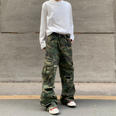 HY711 子 男女微喇宽松直筒cargo裤 破坏贴布大口袋绿迷彩工装 裤