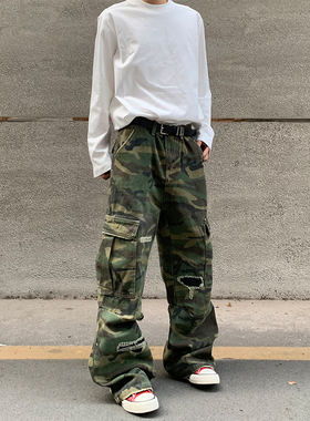 HY711 破坏贴布大口袋绿迷彩工装裤男女微喇宽松直筒cargo裤子