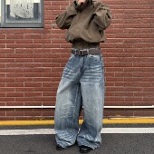 子 男女松弛感阔腿裤 HY711 薄雾蓝磨白抓痕猫须A字直筒宽松牛仔裤