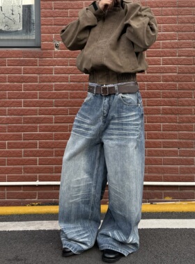 HY711 薄雾蓝磨白抓痕猫须A字直筒宽松牛仔裤男女松弛感阔腿裤子