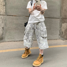 HY711 美式水洗雪地迷彩多口袋工装短裤男女直筒宽松七分阔腿裤子