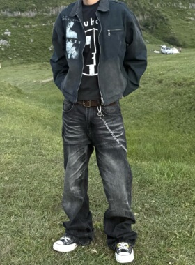 HY711 自然落色立体猫须直筒微喇牛仔裤男女黑色百搭cleanfit裤子