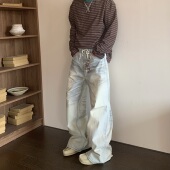 HY711 子 复古宽松阔腿休闲裤 奶油擦脏直筒baggy牛仔裤 男女美式