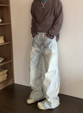 HY711 奶油擦脏直筒baggy牛仔裤男女美式复古宽松阔腿休闲裤子