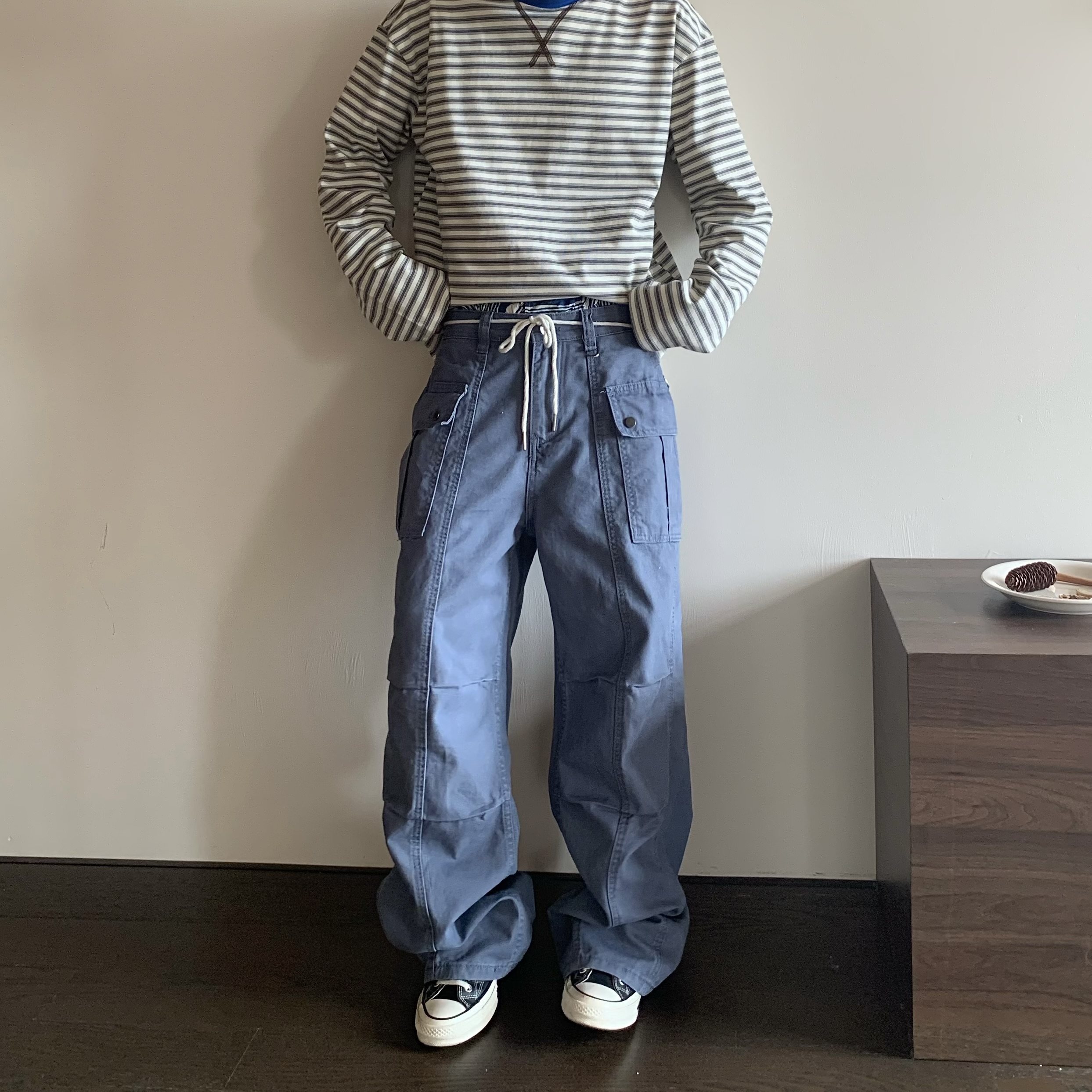 HY711法工蓝双膝褶皱硬挺工装裤