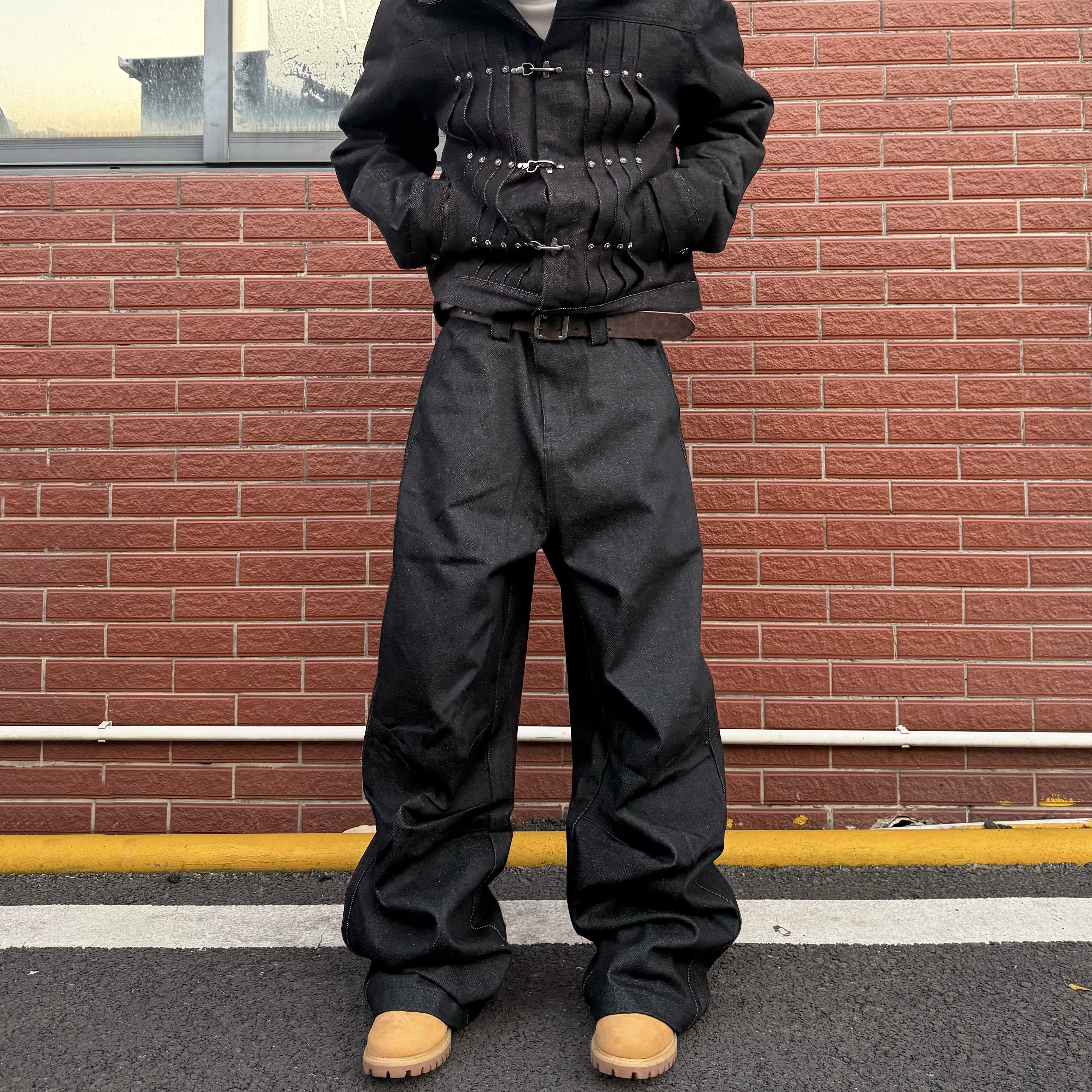 HY711 打褶解构微弯刀廓形黑色原牛牛仔裤男女宽松阔腿baggy裤子,男装,牛仔裤,淘宝优惠券,粉丝福利购,淘宝优惠卷