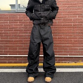 男女宽松阔腿baggy裤 HY711 打褶解构微弯刀廓形黑色原牛牛仔裤 子