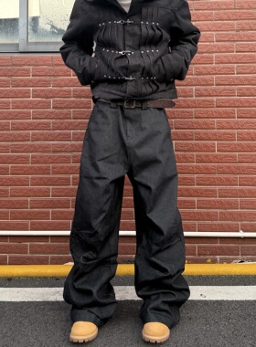 HY711 打褶解构微弯刀廓形黑色原牛牛仔裤男女宽松阔腿baggy裤子