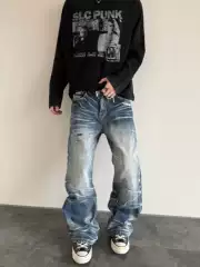 Hy711 Ice Flame Cracked Washed Distressed Patched Cat Whiskers Special Edition Straight Leg Slightly Flared Jeans for Men