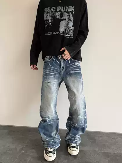 Hy711 Ice Flame Cracked Washed Distressed Patched Cat Whiskers Special Edition Straight Leg Slightly Flared Jeans for Men
