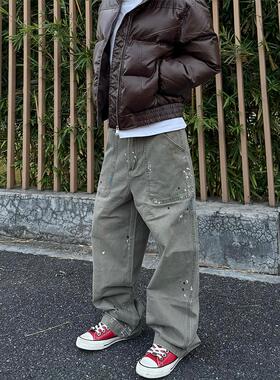 HY711 水洗做旧泼墨vintage直筒法工裤复古休闲宽松工装裤情侣