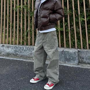 裤 复古休闲宽松工装 情侣 水洗做旧泼墨vintage直筒法工裤 HY711