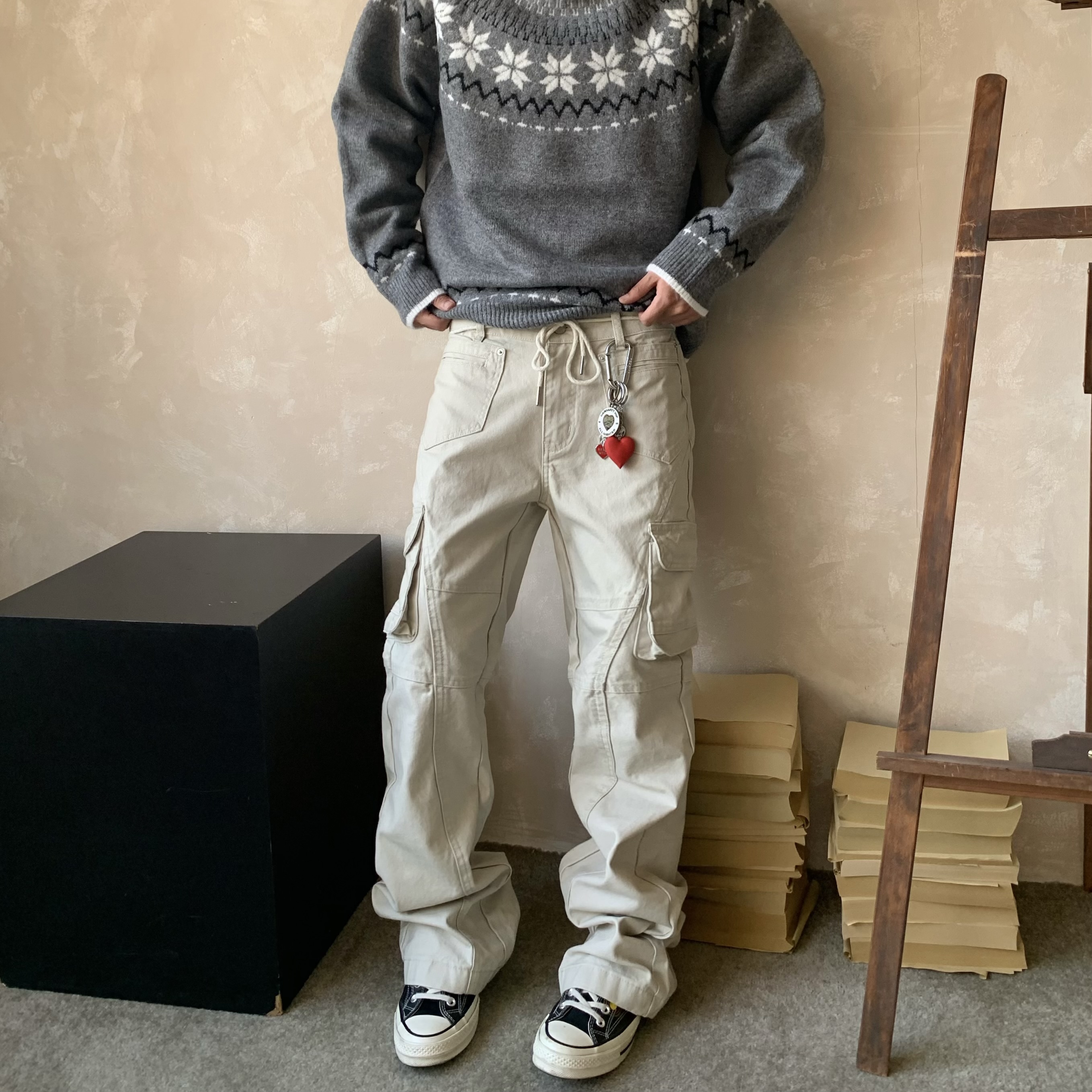 HY711米白色立体裁剪工装裤