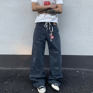 男直筒宽松休闲裤 裤 子 水洗破坏做旧vintage法工伐木工装 HY711