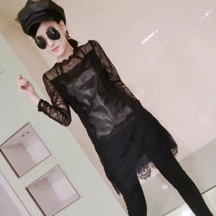 欧洲站17秋冬新款欧货绵羊真皮拼接中长款小衫蕾丝打底衫女装皮衣