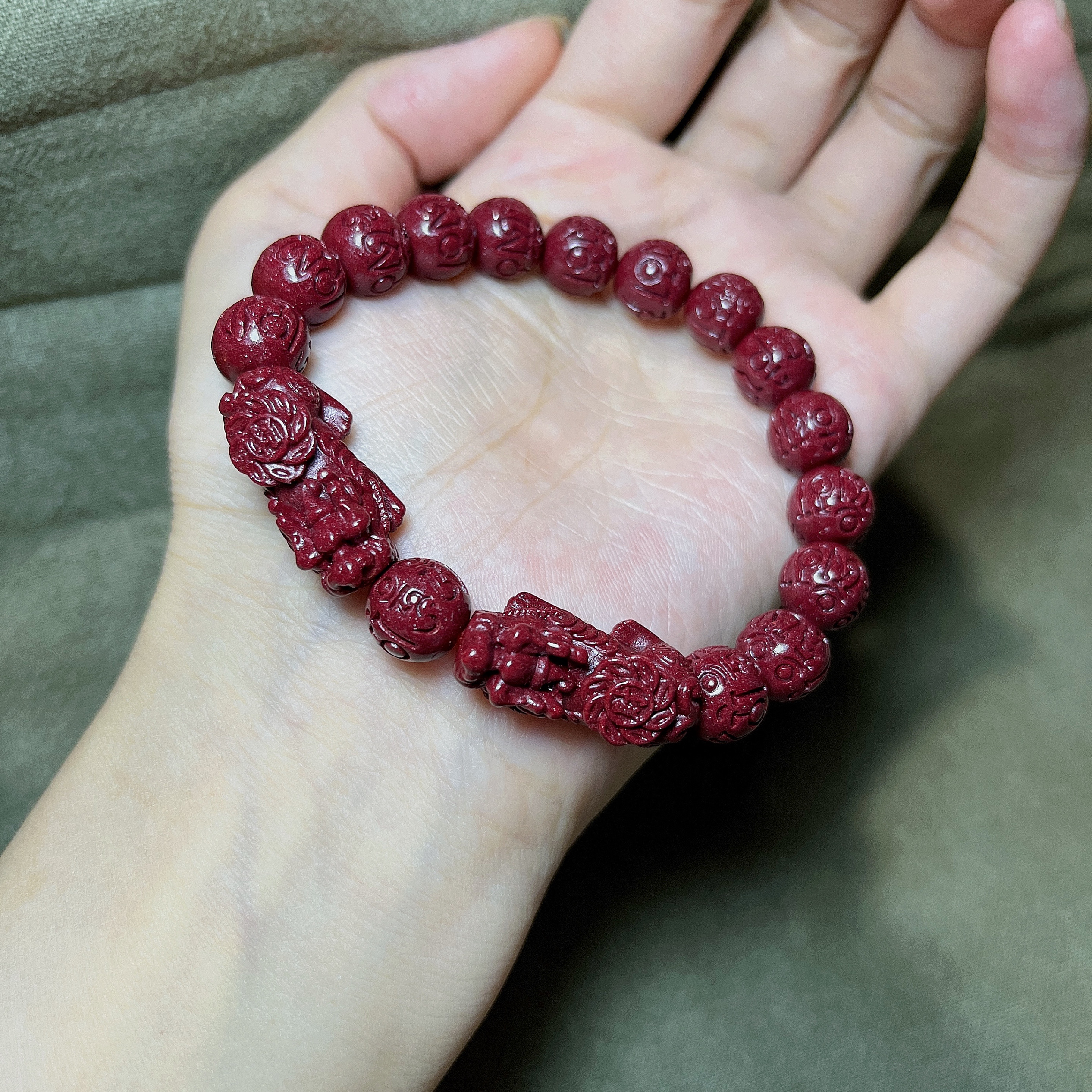 保真朱砂双貔貅朱砂手串男女大气手腕手链卡10毫米六字箴言貔貅串