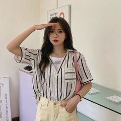 Real price 2021 Hanfeng design letter stitching fake two V-neck stripe Short Sleeve Shirt Top