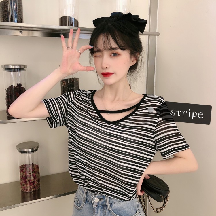 Real shot real price net red same model careful machine exposed collarbone knitting stripe shiny short sleeve T-shirt student