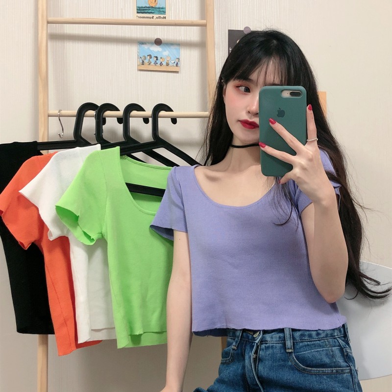 Real price net red new pure color versatile collar Short Knitwear short sleeve top