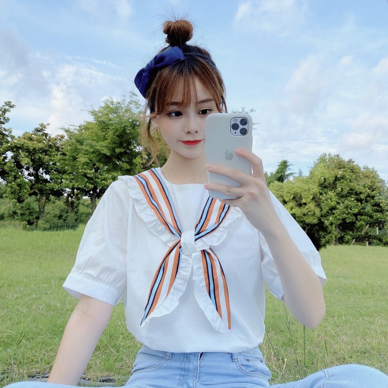 Real price net red same striped shawl fake two knotted short sleeve shirt top female student