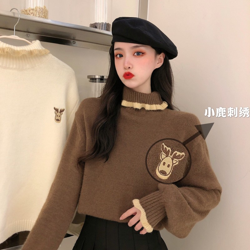 Real price design cartoon embroidery Christmas deer bottomed sweater high collar lace bubble sleeve sweater