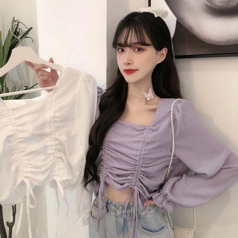Real price net red same style square collar drawstring lace up bubble sleeve long sleeve shirt for women Chiffon fashion