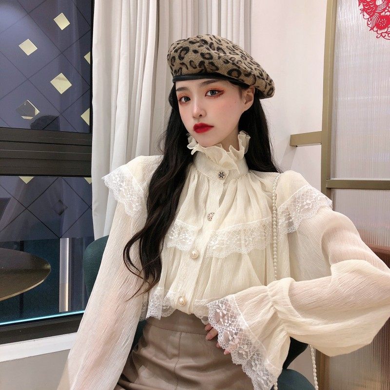 Real price 2021 new Hanfeng heavy industry Lace Collar Chiffon shirt