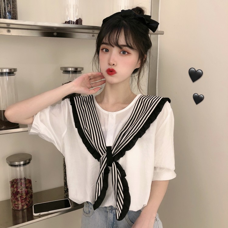 Real photo real price net red same stripe shawl fake two piece splicing chiffon shirt girl student trend