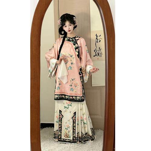 花鸟间原创清汉女汉服复原斜襟圆领国风民族印花马面春秋款格格服