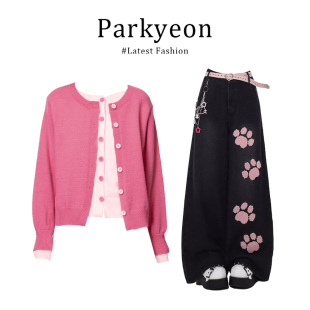 时尚 痞帅炸街风女装 甜美风长袖 可爱猫爪牛仔裤 针织衫 parkyeon日式