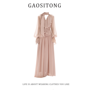 飘带连衣裙女秋冬2025打揽收腰垂感裙 宫廷风灯笼袖 GAOSITONG 法式