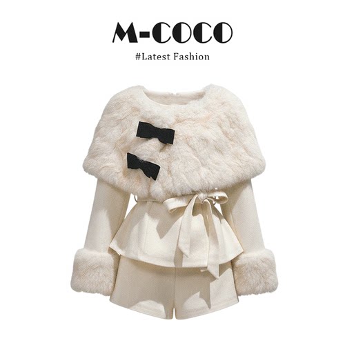 MARIECOCO韩系纯欲巨好看圣诞轻奢奶白系秋冬外套斗篷短裤三件套