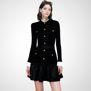 兰卡时尚小香风黑色针织连衣裙女2025秋冬新款收腰显瘦气质短款裙