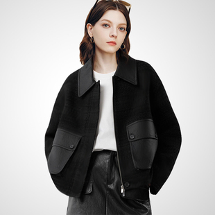兰卡时尚翻领宽松黑色夹克拼接皮外套女2026春季新款显瘦短款上衣