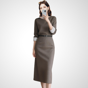 兰卡时尚修身包臀连衣裙女2026春季款职场通勤气质显高收腰中长裙