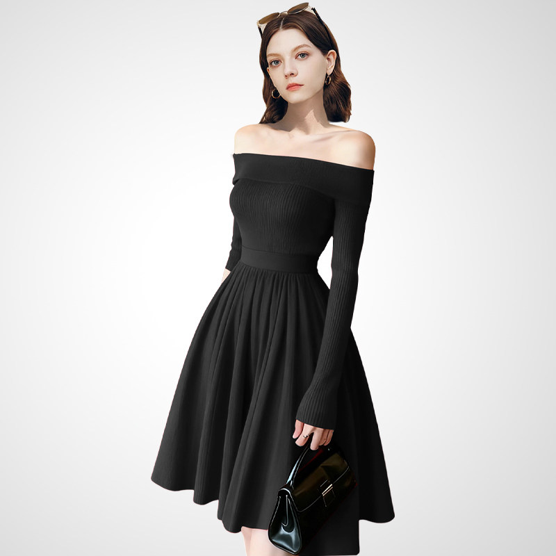 兰卡时尚2026春季新款黑色一字肩连衣裙长袖针织收腰百褶短裙女