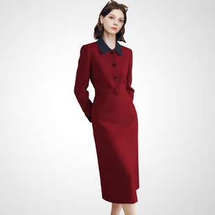 兰卡时尚轻熟风酒红色收腰连衣裙女2026春款中长款显瘦通勤职业装