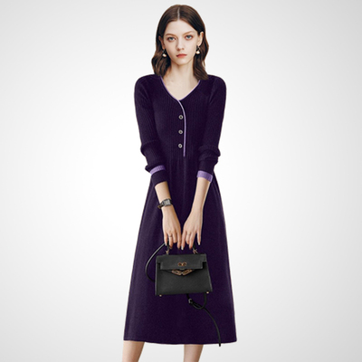 V领单排扣修身连衣裙女