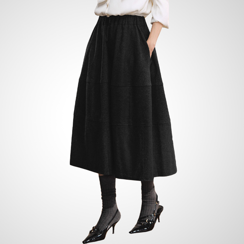兰卡时尚复古文艺口袋黑色半身裙2025秋冬新款高腰显瘦大摆裙长裙