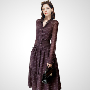 兰卡时尚法式气质紫色波点连衣裙女长袖V领收腰显瘦千金风长裙